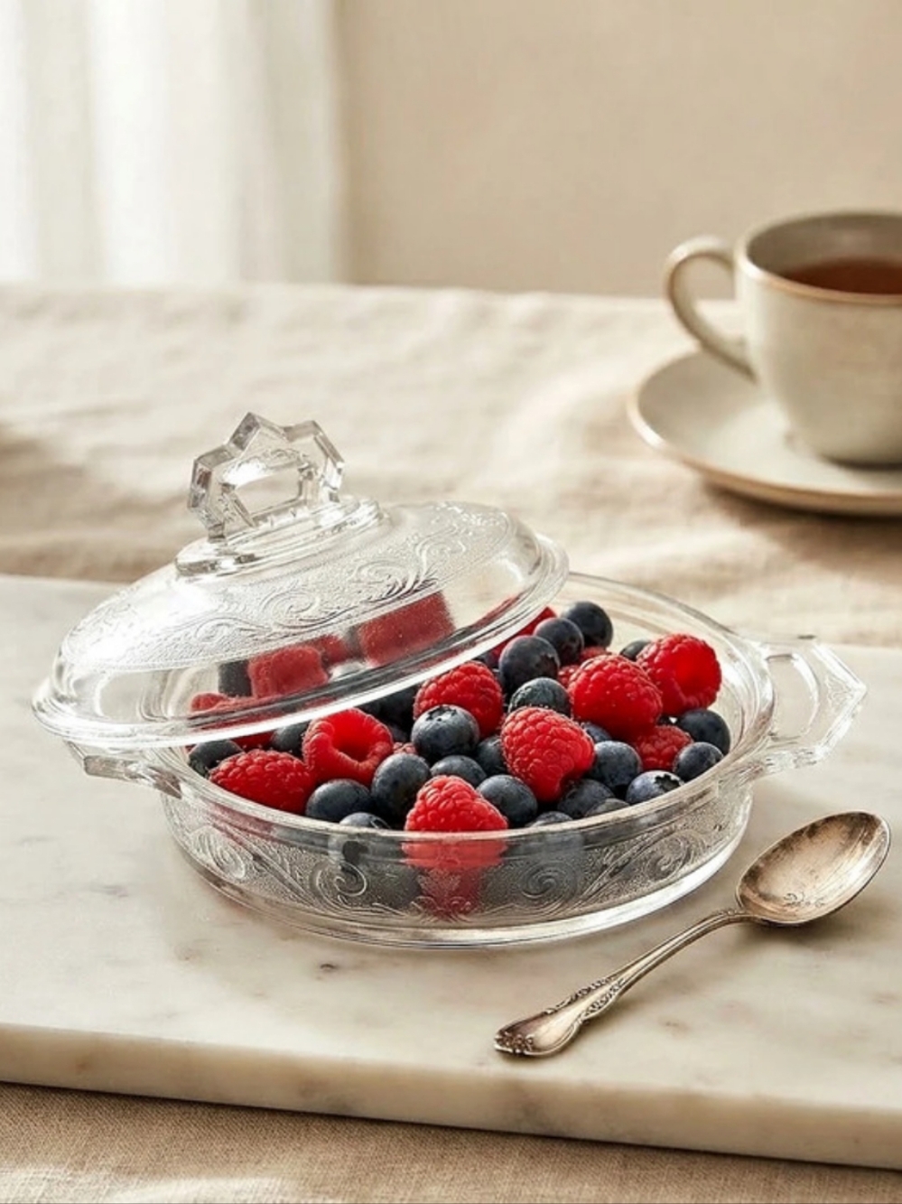 Vintage Lidded Pressed Glass Serving Dish